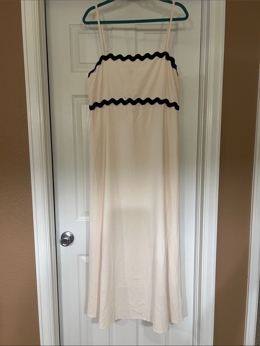 Cream Maxi Dress with Black Trim - Elegant Spaghetti Strap
